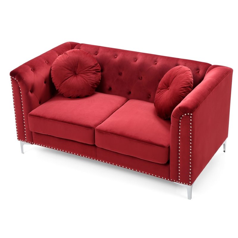 Home Square 2-Piece Set with Velvet Sofa Chaise and Loveseat in Burgundy