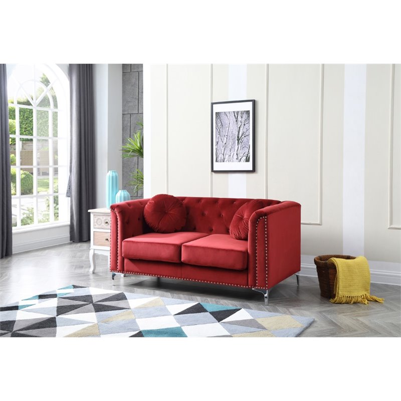 Home Square 2-Piece Set with Velvet Sofa Chaise and Loveseat in Burgundy