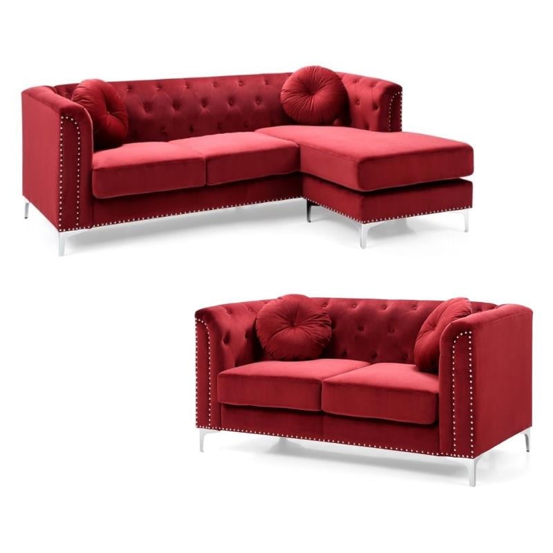 Home Square 2-Piece Set with Velvet Sofa Chaise and Loveseat in Burgundy