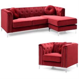 Home Square 2-Piece Set with Velvet Sofa Chaise and Chair in Burgundy