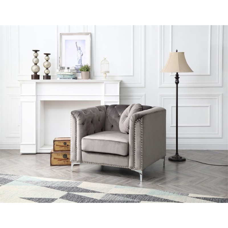 Home Square 2-Piece Set with Velvet Sofa Chaise and Chair in Dark Gray