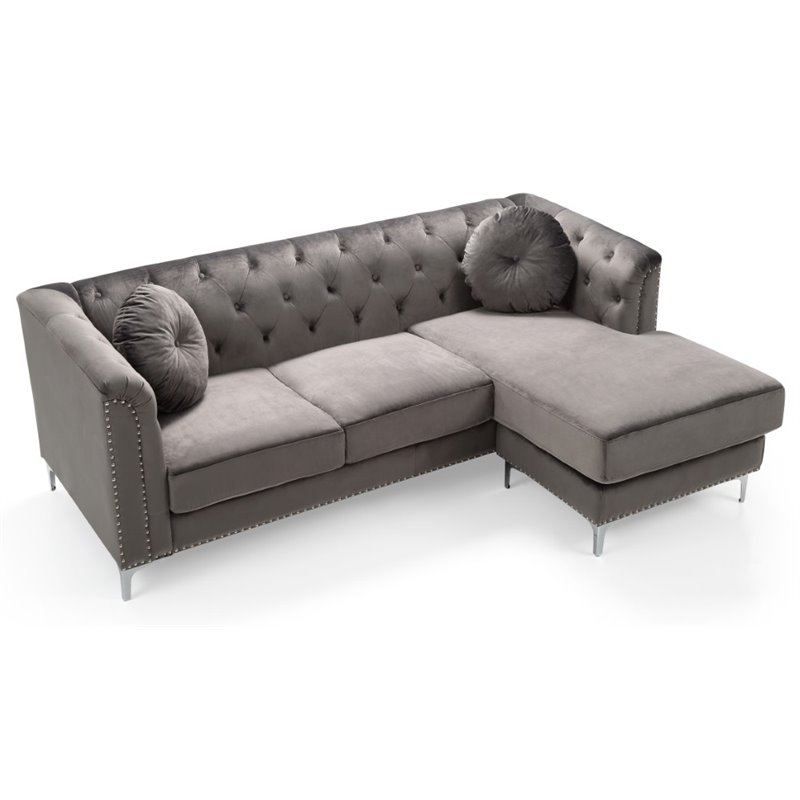 Home Square 2-Piece Set with Velvet Sofa Chaise and Chair in Dark Gray