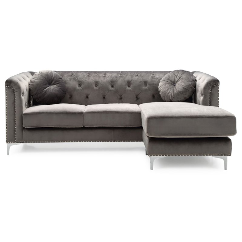 Home Square 2-Piece Set with Velvet Sofa Chaise and Chair in Dark Gray