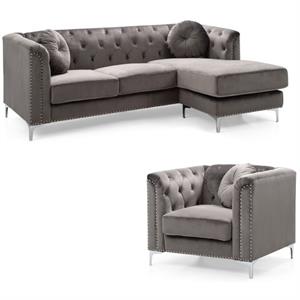 Home Square 2-Piece Set with Velvet Sofa Chaise and Chair in Dark Gray