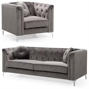 Home Square 2-Piece Set with Velvet Sofa and Chair in Dark Gray