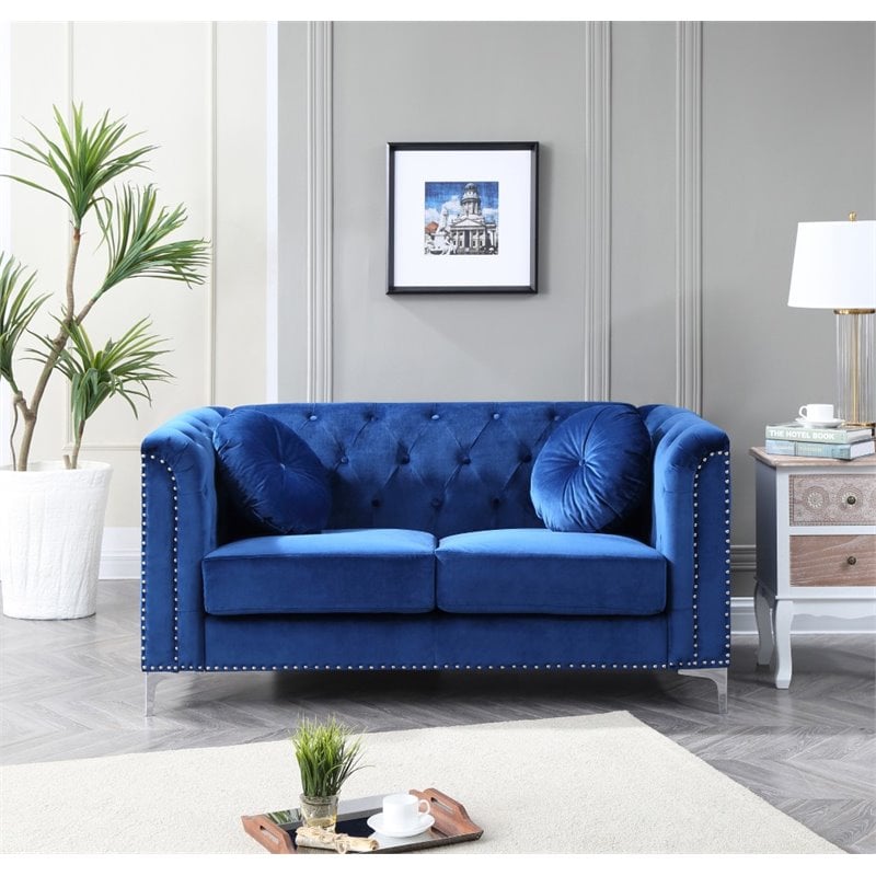 Home Square 2-Piece Set with Velvet Sofa and Loveseat in Navy Blue