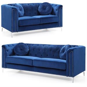home square 2-piece set with velvet sofa and loveseat in navy blue