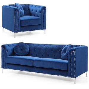 Home Square 2-Piece Set with Velvet Sofa and Chair in Navy Blue