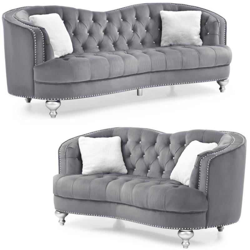 Home Square 2-Piece Set with Velvet Loveseat and Sofa in Gray