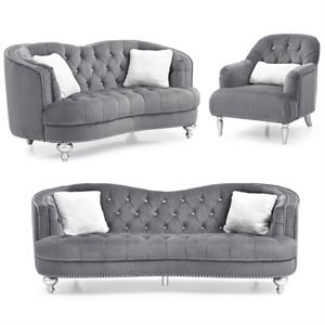 Home Square 3-Piece Set with Velvet Chair Loveseat and Sofa in Gray