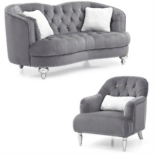 Home Square 2-Piece Set with Velvet Chair and Loveseat in Gray