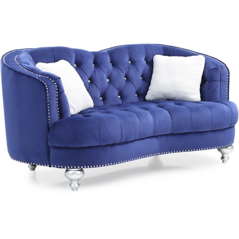 Home Square 2-Piece Furniture Set with Velvet Loveseat and Sofa in Blue