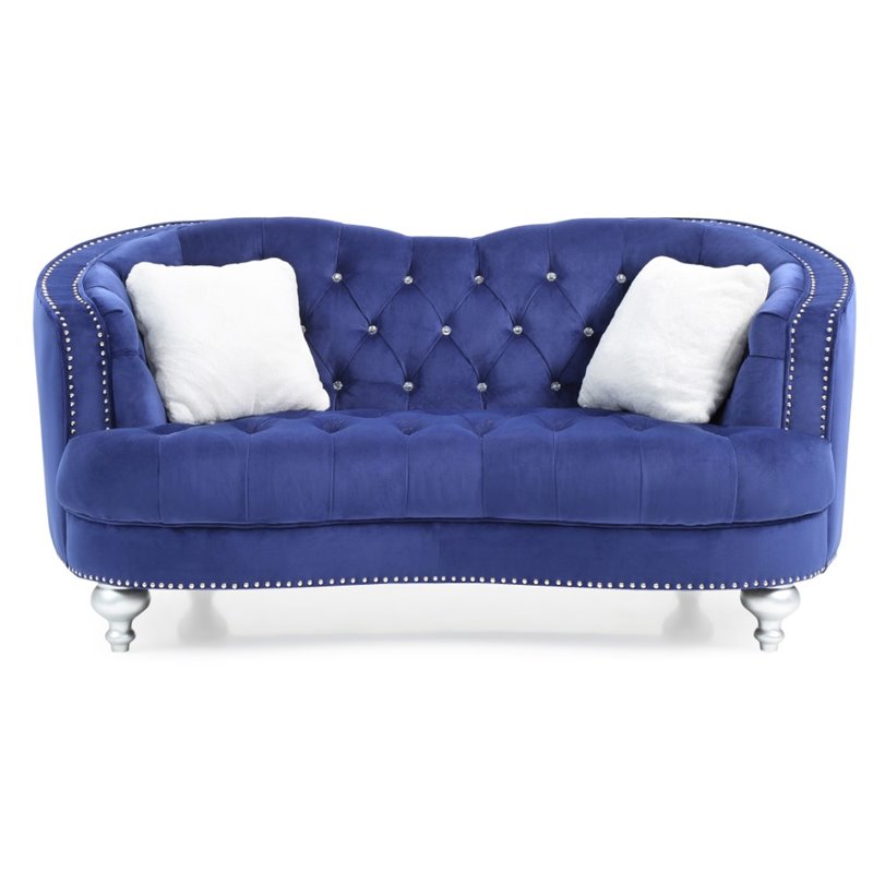 Home Square 2-Piece Furniture Set with Velvet Loveseat and Sofa in Blue