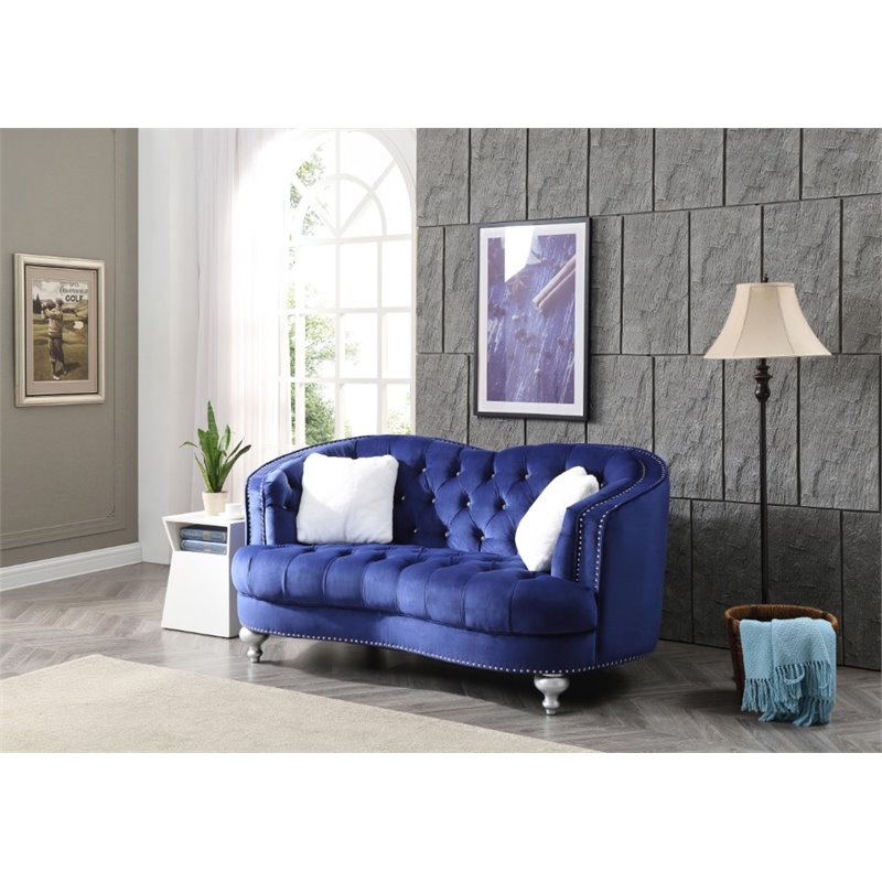 Home Square 2-Piece Furniture Set with Velvet Loveseat and Sofa in Blue