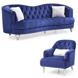 Home Square 2-Piece Furniture Set with Velvet Chair and Sofa in Blue