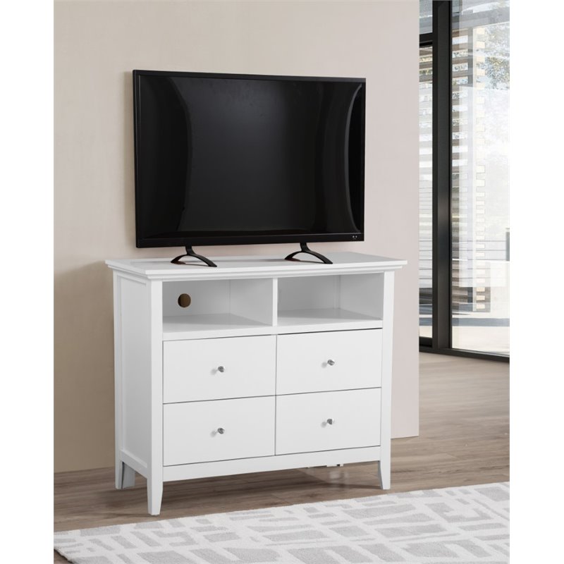 Home Square 3-Piece Set with Queen Panel Bed 4-Drawer TV Stand & Mirror in White