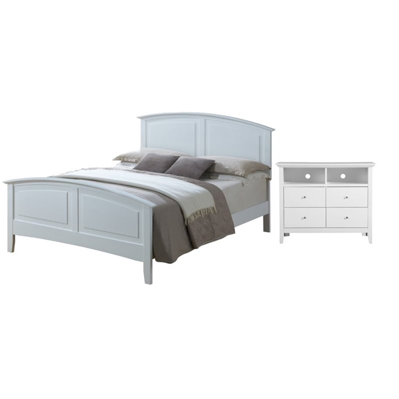 Home Square 2-Piece Set with Full Panel Bed and 4-Drawer TV Stand in White
