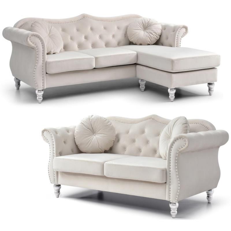 Home Square 2-Piece Furniture Set with Sofa Chaise and Loveseat in Ivory