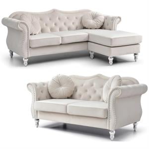 Home Square 2-Piece Furniture Set with Sofa Chaise and Loveseat in Ivory