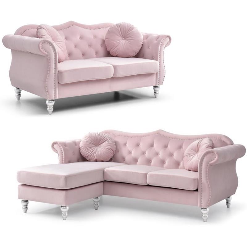 Home Square 2-Piece Furniture Set with Sofa Chaise and Loveseat in Pink