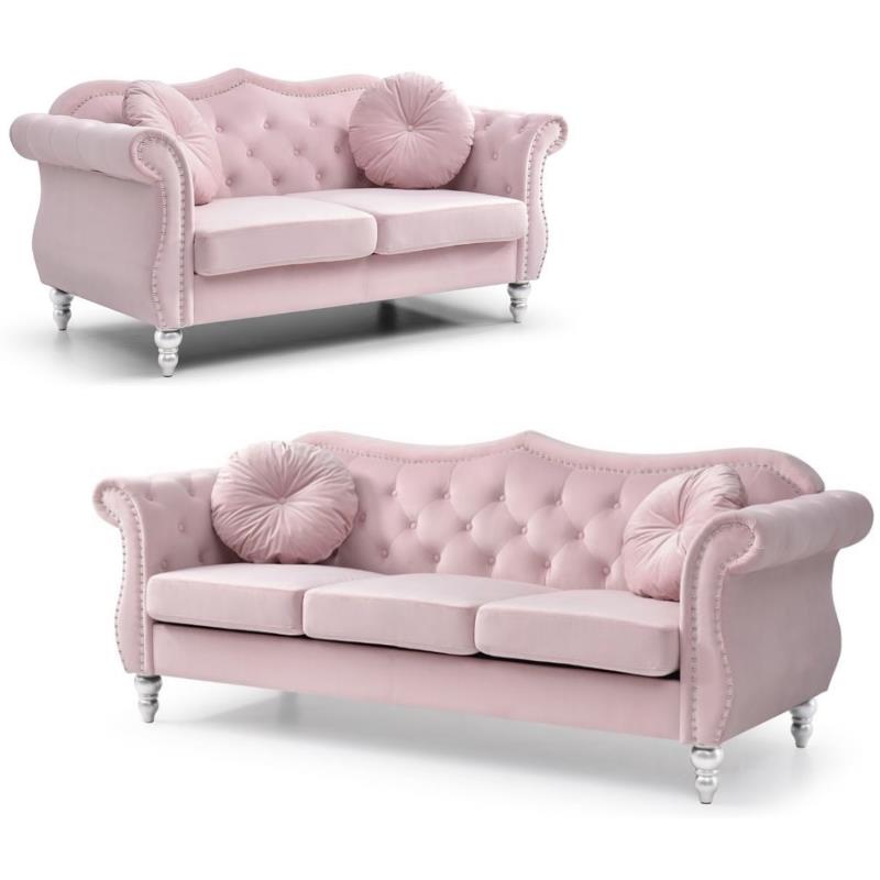 Home Square 2-Piece Furniture Set with Sofa and Loveseat in Pink