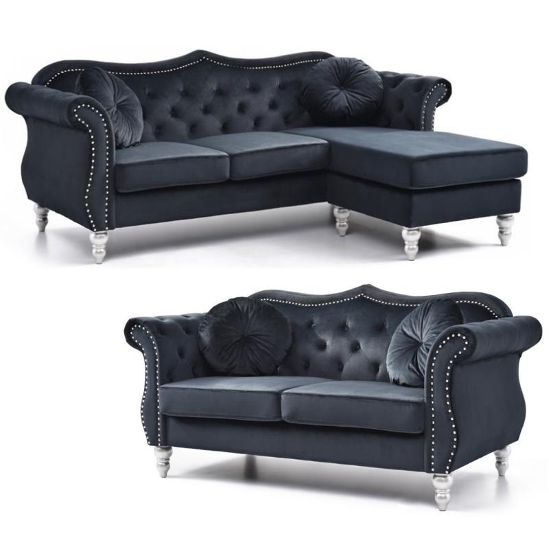 Home Square 2-Piece Furniture Set with Sofa Chaise and Loveseat in Black