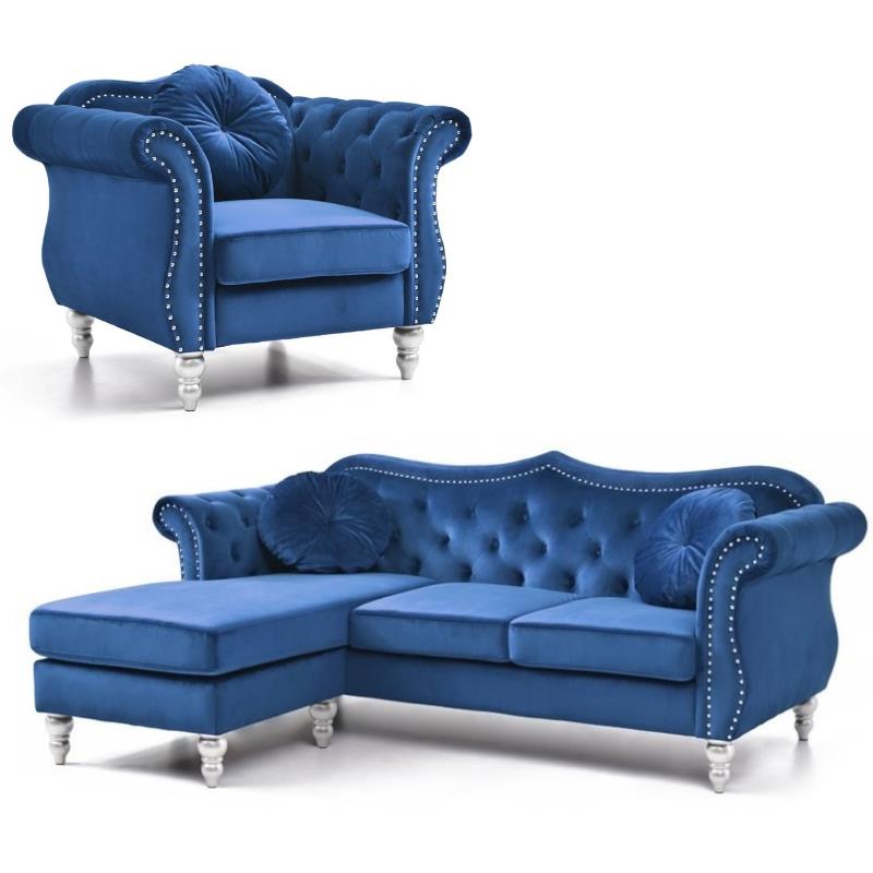 Home Square 2-Piece Furniture Set with Sofa Chase and Chair in Navy Blue