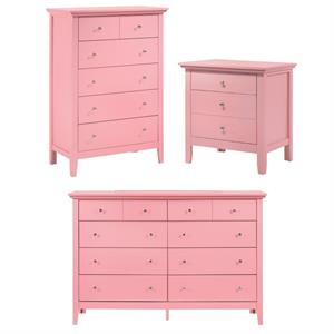 home square 3-piece set with dresser chest and 3-drawer nightstand in pink