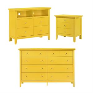 home square 3-piece set with dresser tv stand and 3-drawer nightstand in yellow