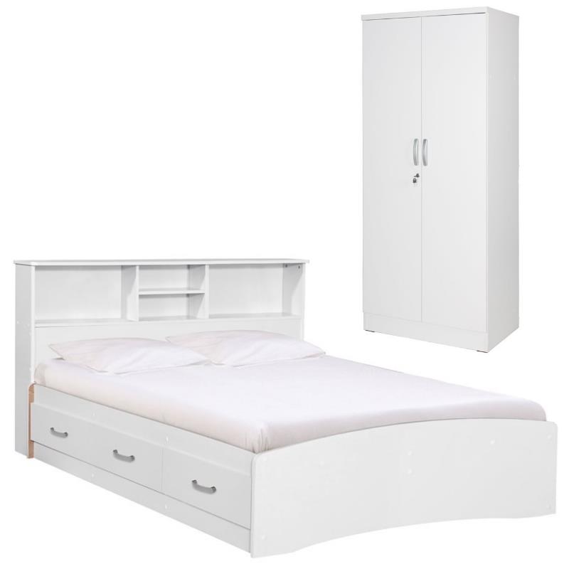 Home Square 2-Piece Set with Full Captains Bed and Armoire Wardrobe Cabinet