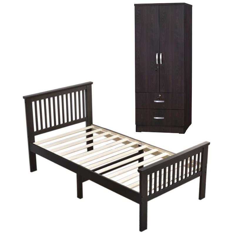 Home Square 2-Piece Set with Wardrobe Armoire and Platform Pine Twin Bed