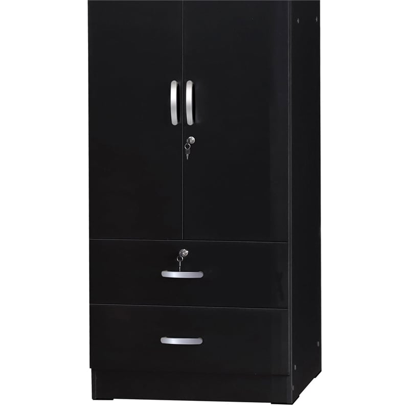 Home Square 2-Piece Set with Wardrobe Armoire and 2-Drawer Nightstand in Black