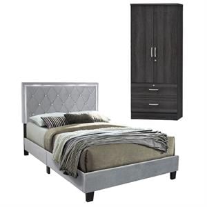 Home Square 2-Piece Set with Queen Platform Bed and 2-Door Wardrobe Armoire