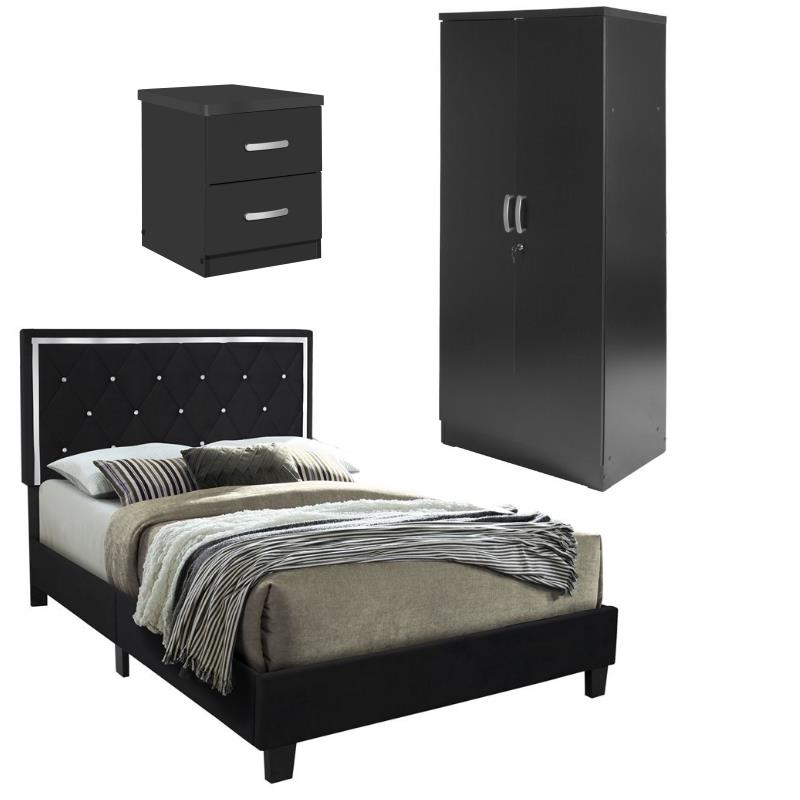 Home Square 3-Piece Set with Queen Bed Wardrobe Cabinet and 2-Drawer Nightstand