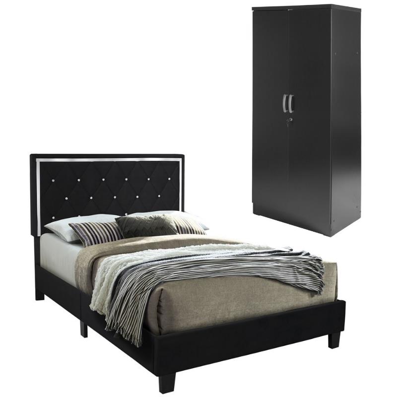 Home Square 2-Piece Set with Queen Platform Bed and Armoire Wardrobe Cabinet