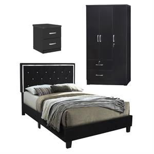 Home Square 3-Piece Set with Queen Bed Wardrobe and 2-Drawer Nightstand in Black