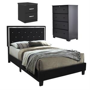 Home Square 3-Piece Set with Queen Bed Dresser and 2-Drawer Nightstand in Black
