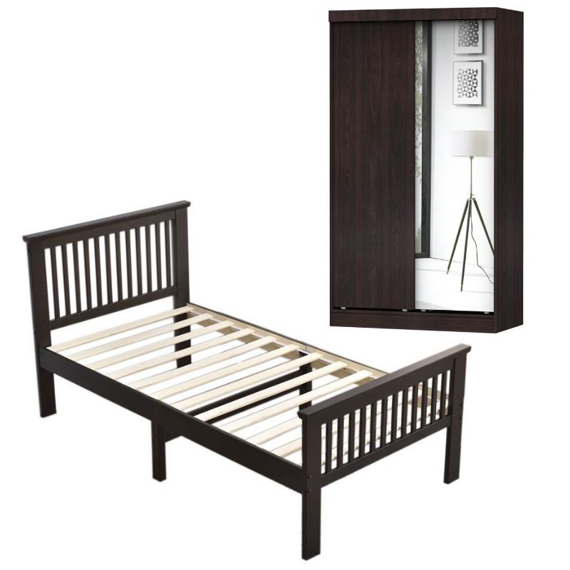 Home Square 2-Piece Set with Double Sliding Door Wardrobe & Pine Twin Bed