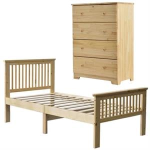 Home Square 2-Piece Set with 4-Drawer Chest Dresser and Pine Twin Bed in Natural