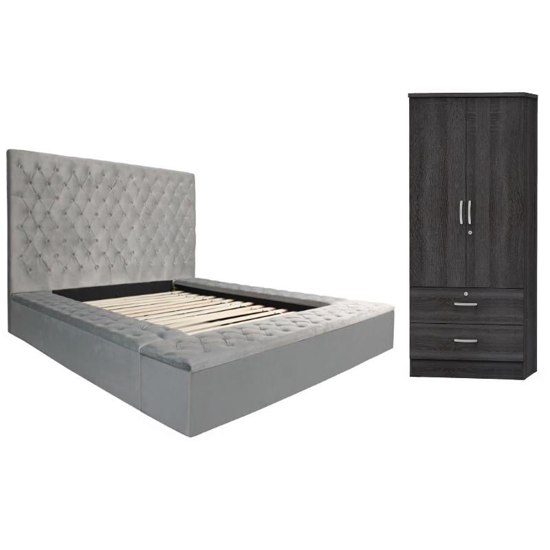 Home Square 2-Piece Set with Platform Queen Bed and Wardrobe Armoire in Gray