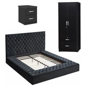 Home Square 3-Piece Set with Queen Bed Wardrobe Armoire & Nightstand in Black