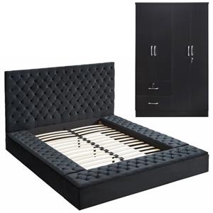 Home Square 2-Piece Set with Platform Queen Bed & 4-Doors Armoire in Black