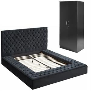 Home Square 2-Piece Set with Queen Bed & Armoire Wardrobe Cabinet in Black