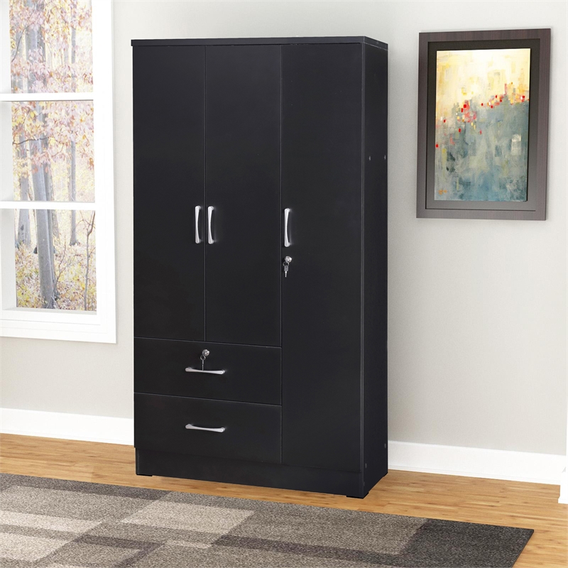 Home Square 2-Piece Set with Queen Bed & Wardrobe Armoire Closet in Black