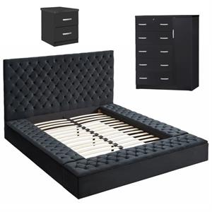 Home Square 3-Piece Set with Queen Bed Tall Chest Wardrobe Nightstand in Black