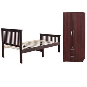 Home Square 2-Piece Set with Pine Twin Bed and 2-Door Wardrobe Armoire
