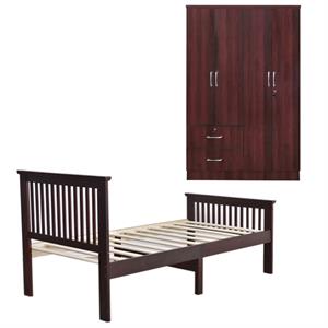 Home Square 2-Piece Set with Pine Twin Bed and 2-Drawer Armoire in Mahogany