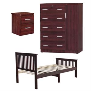 Home Square 3-Piece Set with Pine Twin Bed Tall Chest Wardrobe & Nightstand