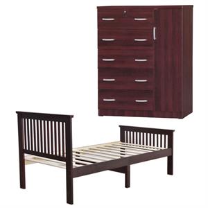 Home Square 2-Piece Set with Pine Twin Bed and Tall Chest Wardrobe in Mahogany