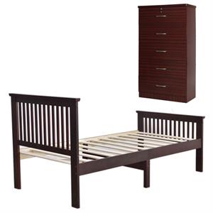 Home Square 2-Piece Set with Pine Twin Bed and 5-Drawer Chest Bedroom Dresser